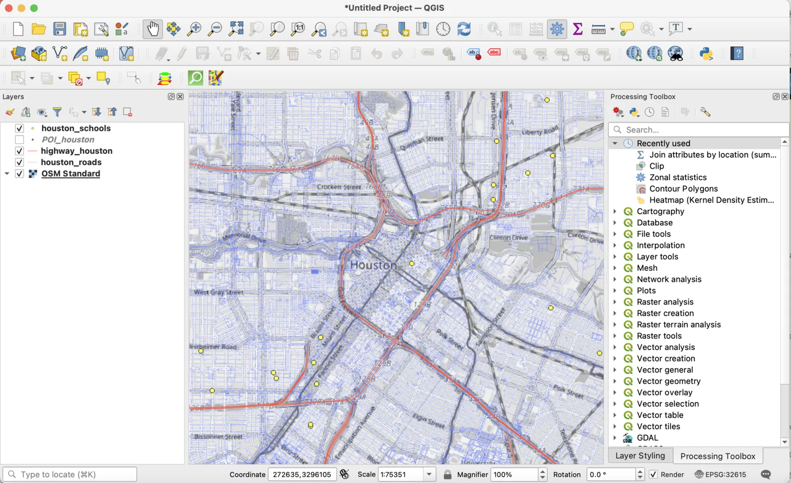 GeoJSON in QGIS öffnen: Kartenansicht mit mehreren Punkt-Layern